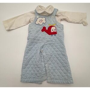 Vintage Tiny Tots Original Baby Boy Airplane Seersucker Longall Set Size 6-9 M
